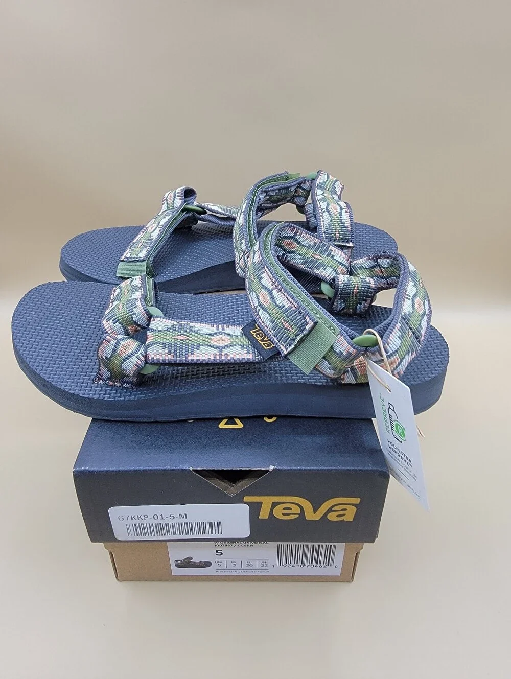 Teva Original Universal Women's Sandals Size 5 Green Gray Peach Strap New w/Box